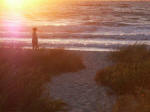 Charles daughter Jodi on a sunrise stroll on the beach as a fish jumps in the surf. She brought us a blue, one of four Charles caught and gave us. He also gave us four dozen little mullet, giving us delicious dining daily. Daddy cleaned all but one which Ruth killed, cleaned, cooked, and served.