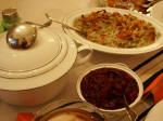 Cranberry sauce, rice, and green bean casserole.