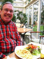 Joe's superb cheese Sptzele lunch at the Cafe Schafheutle, "the sweet heart of Heidelberg," after we came in to eat a second time, with the appetite of a lion (traditional symbol of the "Kurpfalz", Palatinate).